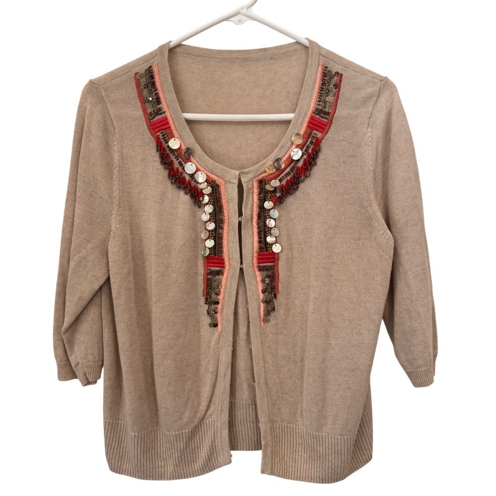 Boho Embellished Beaded Cardigan Tan Statement Neckline 3/4 Sleeve Knit‎ Small